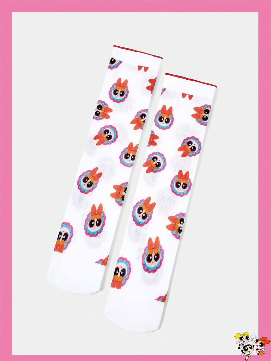 THE POWERPUFF GIRLS X SHEIN Blossom Pattern Red Trim White Crew Socks - Multicolor - View 1