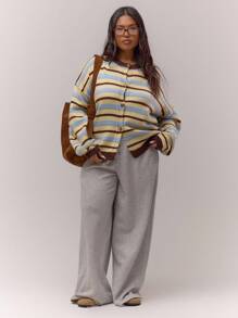 MUSERA 大码条纹圆领纽扣宽松开衫，可爱优雅高贵假日休闲居家女款，曲线奶油糖色时尚春季毛衣，情人节款 - 彩色 - 查看 3