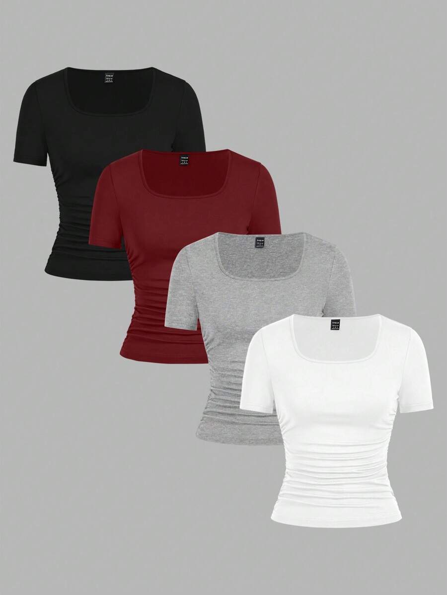 SHEIN EZwear Set de 4 camisetas de manga corta de cuello redondo de unicolor minimalista casual en negro, burdeos, gris y blanco, adecuadas para primavera/verano