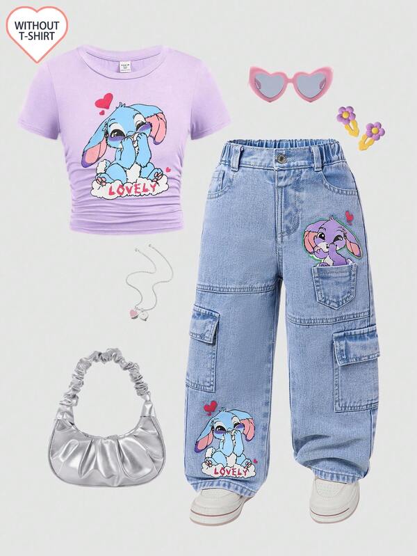 Young Girls' One Piece Denim Pants With Pockets And Rabbit Print, Casual Straight Leg Cargo Pants, Fashion Streetwear For School, Daily Wear. Featuring Cute Rabbit Print In Blue & Purple, Multiple Pockets Design, Relaxed Fit Washed Light Blue Denim. Elastic Waistband For Comfort, Suitable For Daily Outing, Vacation, Campus Life, Hangout With Friends.