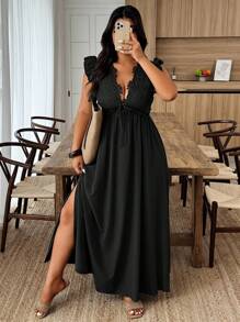 Weeklong 大码纯色深V领盖袖优雅连衣裙 - 黑色 - 查看 6