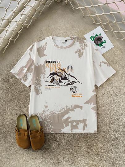 Discovery X SHEIN Men's Letter & Mountain Graphic Round Neck Short Sleeve T-Shirt