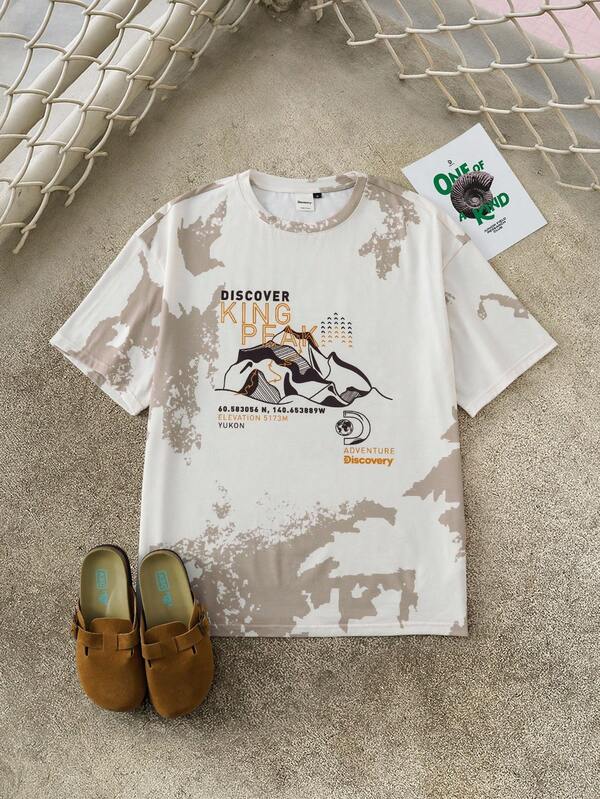 Discovery X SHEIN Camiseta de manga corta con cuello redondo con gráfico de letra y montaña para hombre