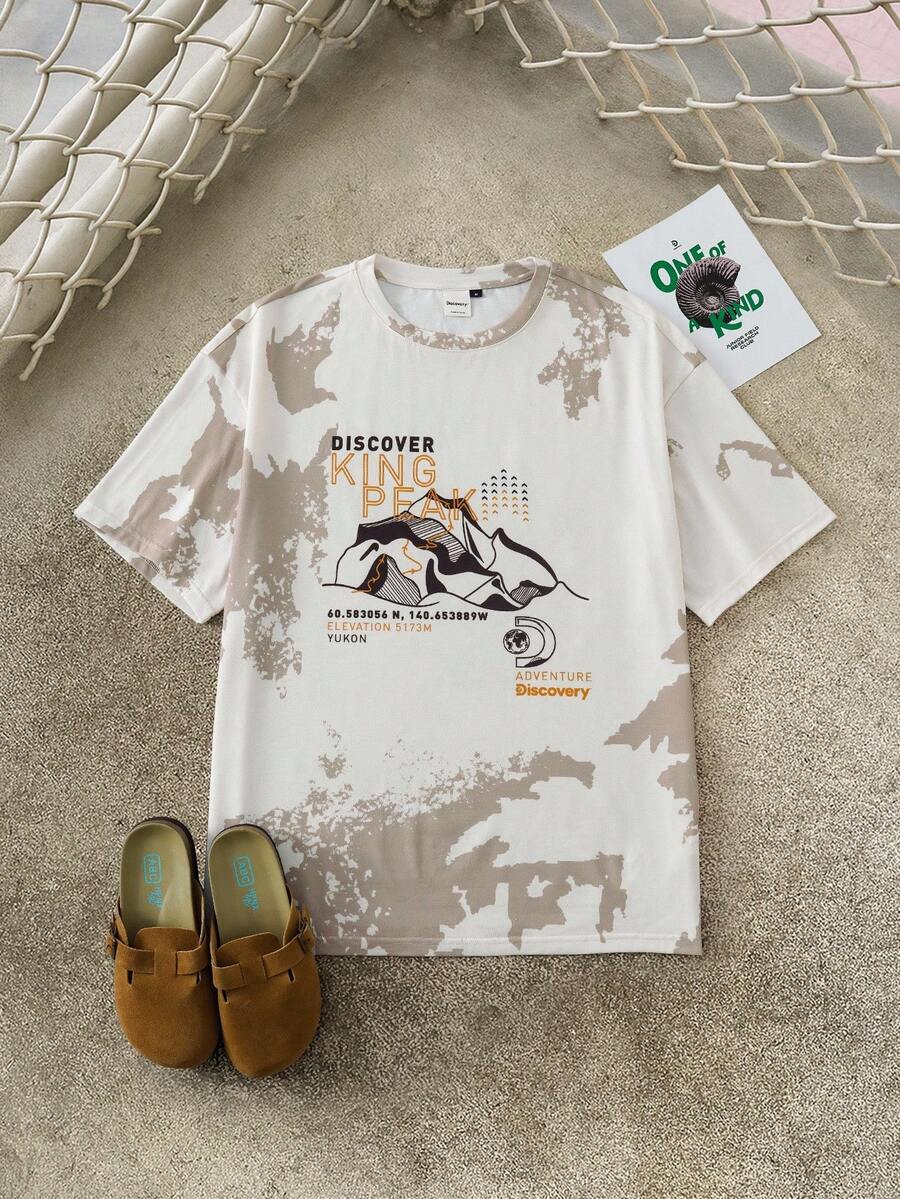 Discovery X SHEIN Men's Letter & Mountain Graphic Round Neck Short Sleeve T-Shirt