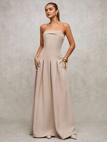 SHEIN BAE Women's Elegant Beige Tube Top Maxi Dress,Summer Dining Umbrella Skirt,Khaki Long Party Dresses For Women,Autumn Winter Christmas New Year Clothes - Khaki - View 4