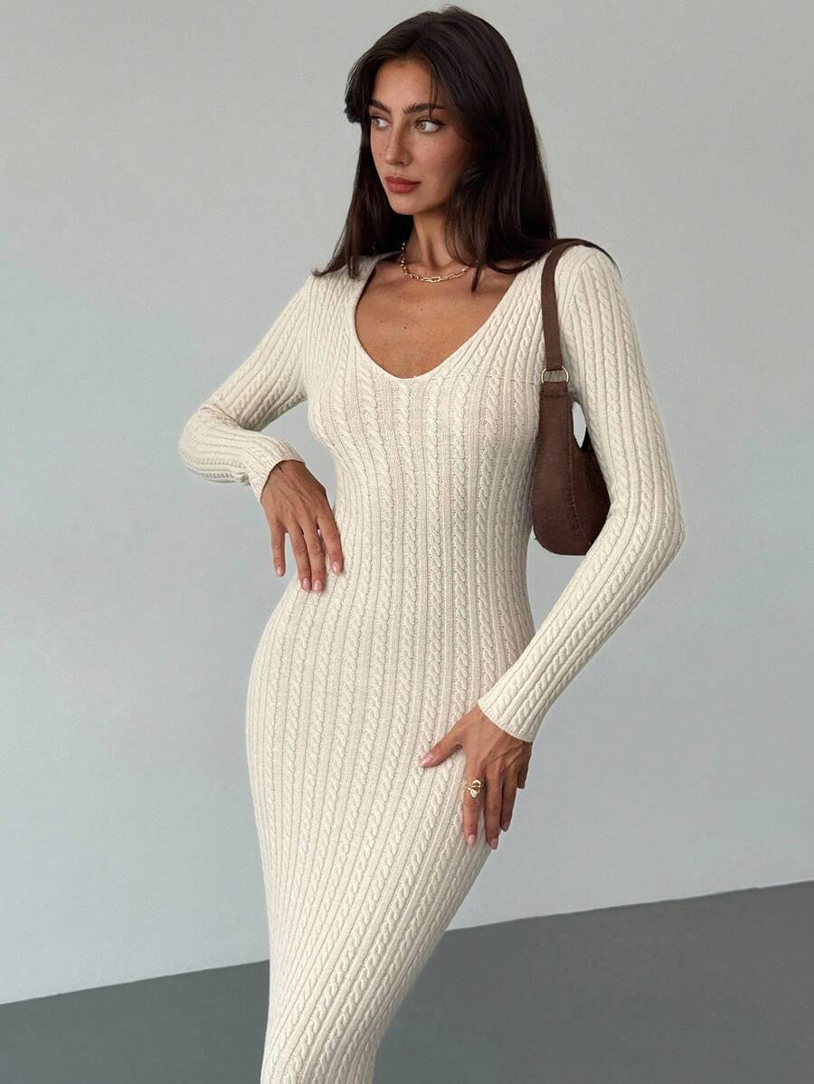 Aloruh Apricot Minimalist Commuter Deep V Neck Long Sleeve Bodycon Dress For Women Autumn Winter Clothes For Women