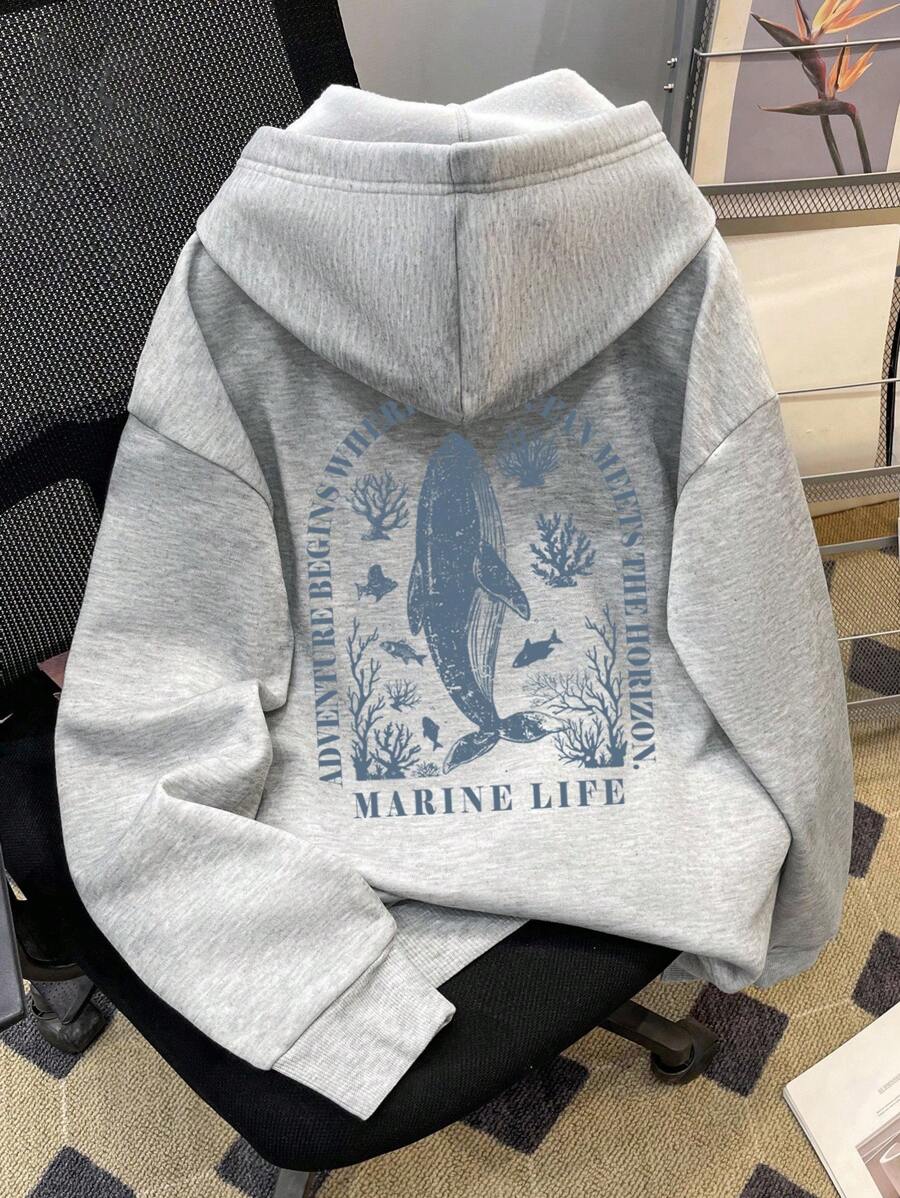 Manfinity Joysei 浅灰色宽松加厚连帽卫衣，男士款，鲸鱼图案设计，沙滩套头衫，适合情侣、海滩度假、休闲穿着，秋冬季款 - 淺灰色 - 查看 1