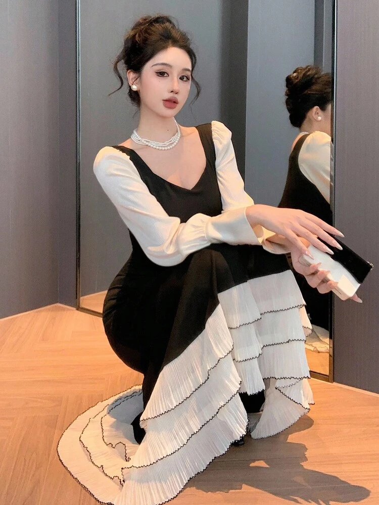 Women's Contrast Color Sweetheart Neck Puff Sleeve Fishtail Hem Elegant Dress Long Sleeve Dress Maxi Dress