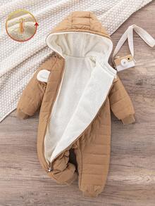 SHEIN Baby Boy Infant Toddler 0-3 Years Old Winter New Thickened Fleece Bear Embroidered Romper, Plush Bear Ear Jumpsuit, Autumn/Winter Outerwear Fall - Khaki - View 3