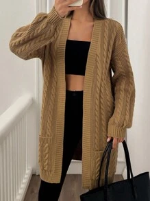 SHEIN Tall Tall Women Casual Autumn Winter Cable Knit Solid Cardigan,Long Cardigans Woman,Petite Cardigans,Cardigans - Brown - View 1