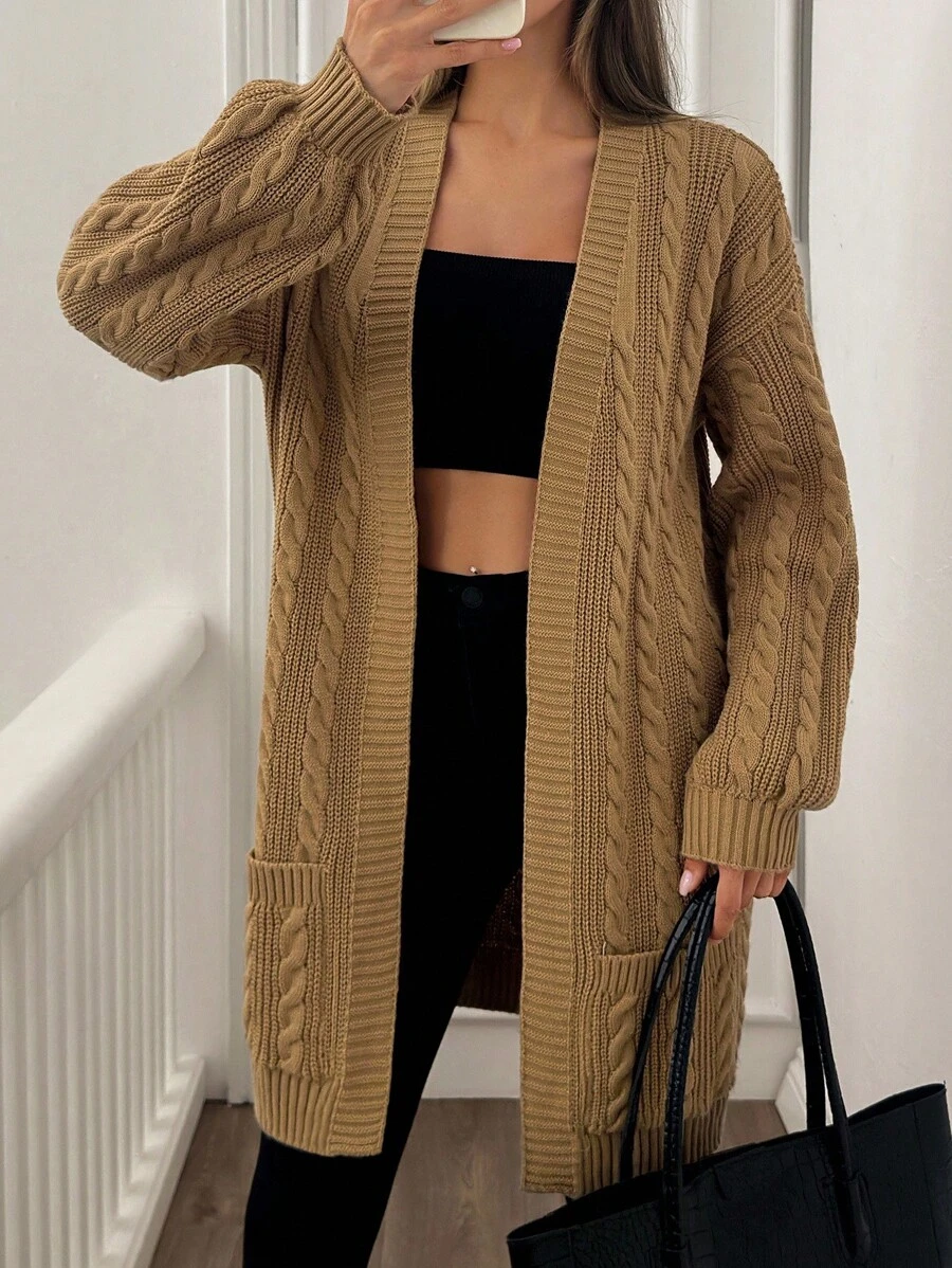 SHEIN Tall Tall Women Casual Autumn Winter Cable Knit Solid Cardigan,Long Cardigans Woman,Petite Cardigans,Cardigans - Brown - View 1