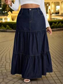 Slaydiva Plus Size Women Loose Fit Casual Denim A-Line Skirt Old Money Elegant Autumn Dark Blue Denim Skirt - Dark Wash - View 5