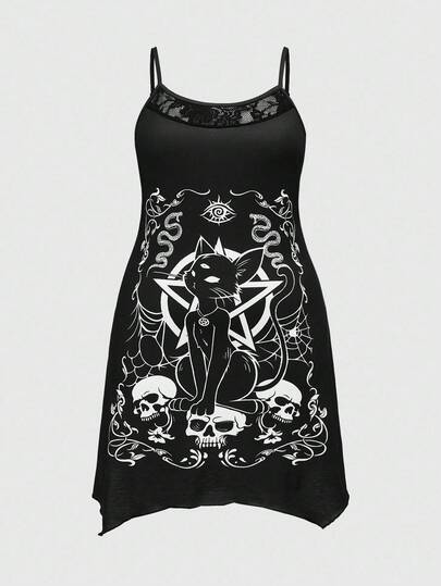 Goth Plus Size Gothic Cat Skull Vine Snake Lace Patchwork Camisole Nightgown Loungewear Dress