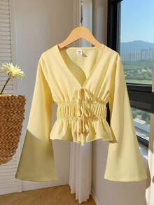 SHEIN Tween Girls' Sweet French Style Solid Color V-Neck Detachable Bow Waist Flare Sleeve Blouse, Suitable For Dates And Daily Wear Fall Winter - Yellow - View 1