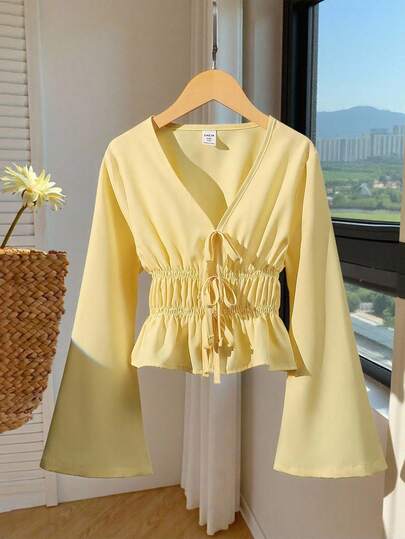 SHEIN Tween Girls' Sweet French Style Solid Color V-Neck Detachable Bow Waist Flare Sleeve Blouse, Suitable For Dates And Daily Wear Fall Winter