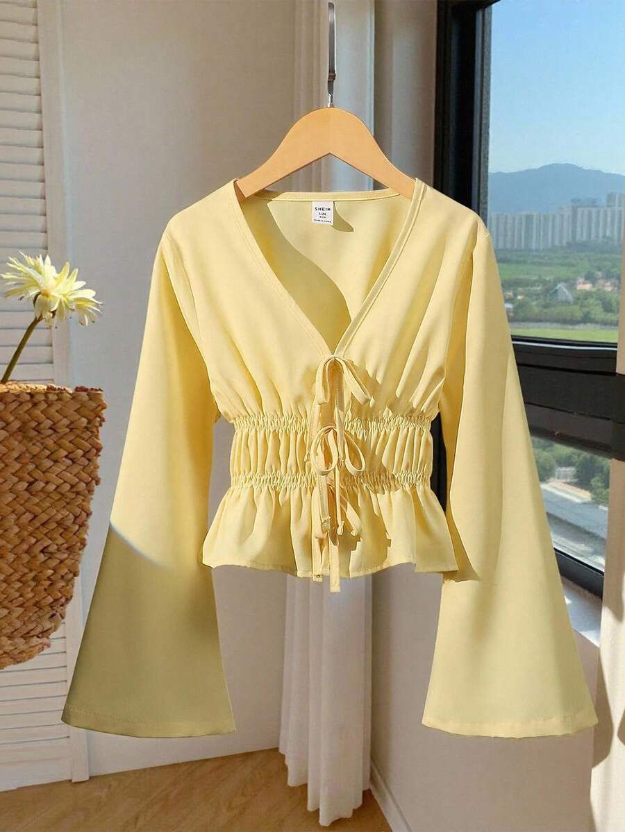 SHEIN Tween Girls' Sweet French Style Solid Color V-Neck Detachable Bow Waist Flare Sleeve Blouse, Suitable For Dates And Daily Wear Fall Winter - Yellow - View 1