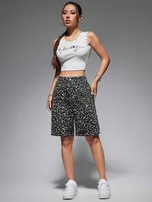 SHEIN ICON Women's Fashionable Leopard Print Denim Shorts, Summer - Multicolor - View 3