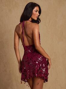 Glamine 女装夏季新款度假迷你连衣裙女士夏季绿色挂脖连衣裙性感流苏装饰连衣裙 - 紅色 - 查看 2