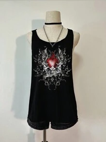 Attitoon Women's Casual Punk Heart Pattern Loose Tank Top Back To School - Black - View 4