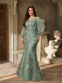 Aureia Đầm dạ hội cỡ lớn dành cho mùa thu đông, thanh lịch, lộng lẫy, màu xanh lá cây, thêu sequin, cổ chữ V, đính cườm, tay phồng, dáng ôm, đuôi cá, thích hợp cho bữa tối, tiệc độc thân, hẹn hò, khiêu vũ, lễ hội, đám cưới, sự kiện (kiểu dáng cầu kỳ), ngày Valentine. - màu xanh lá - Xem 8
