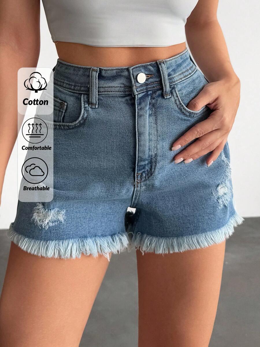 RueChic High Waist Ripped Wash Raw Hem Denim Short - Medium Wash - View 1