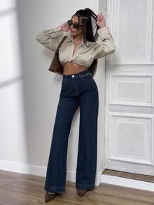 EURMUSE 高腰直筒牛仔裤 风格 休闲 - 中等水洗藍 - 查看 5