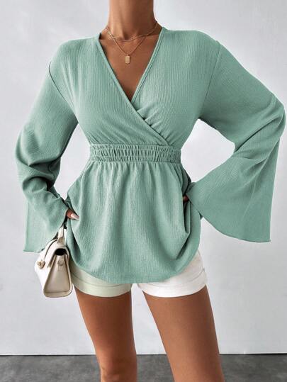 SHEIN LUNE VCAY Women's V Neck Back Tie Gathering Waist Detailed Special Summer Fabric Blouse