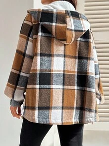 SHEIN Fall Clothes,Autumn Clothes,Maternity Autumn/Winter Clothes Pregnant Women's Long Sleeve Single-Breasted Plaid Pocket Casual Fleece Hooded Jacket