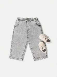 SUMWON 男婴宽松牛仔裤复古酸洗牛仔长裤经典阔腿做旧四季日常休闲裤舒适幼儿长裤 - 灰色 - 查看 3