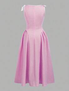 SHEIN 少女蓝白腰收腰连衣裙，蝴蝶结肩部，针织弹力面料，复古可爱甜美风格，适合派对和聚会 - 粉色 - 查看 2