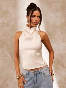 SHEIN BAE Apricot Color Backless Draped Neck Women Tank Top, Sexy & Elegant Summer Tank Top - Apricot - View 5