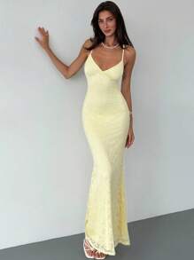 Aloruh 女士优雅性感纯色蕾丝露背吊带连衣裙，夏季 - 黃色 - 查看 5