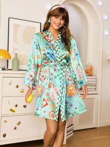 秋季女士缎面太阳脸月亮心印花长袍 - 綠色 - 查看 4