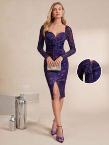 Amorya Women's Elegant Heart Neck 3D Floral Print Long Sleeve Slim Fit Mid-Length Dress, Autumn New Year Women's Outfit  Party Dress Clothes For New Year Women's Halloween Costume - Purple - View 4