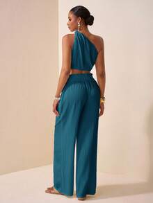 Veslaya 2025秋季新款加大码女装，适合音乐节、复活节、母亲节、西部风、游牧风、生日派对、毕业典礼、学生装、日常休闲、百搭基础款、休闲、度假、邮轮旅行、海滩、日光浴、爆款、优雅、通勤、商务休闲等场合。单肩、扭结、露肩、露背、短款女式上衣搭配直筒宽松裤，饰有荷叶边、口袋和纹理面料，白色。这款两件套女装秋季套装，包含两件套裤装，适合秋季穿着。 - 藍色 - 查看 2