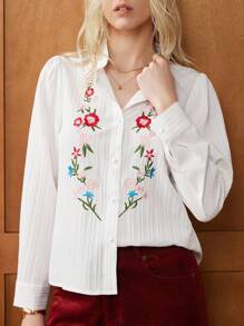 Écloséra Blusa casual de manga larga con un solo botonadura, bordado floral, estilo retro francés para mujer