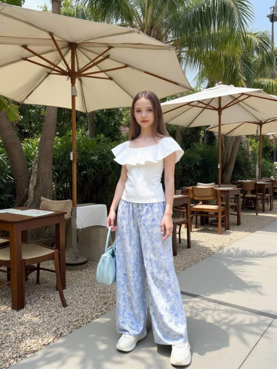 Bộ 2 món họa tiết hoa cho bé gái: Áo crop top nhún bèo và quần ống rộng họa tiết hoa, thích hợp cho đám cưới, phong cách dễ thương, thiết kế họa tiết hoa/trang trí một phần - Nhiều màu - Xem 1