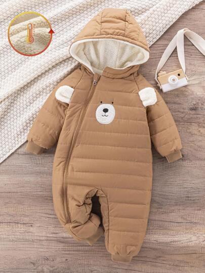 SHEIN Baby Boy Infant Toddler 0-3 Years Old Winter New Thickened Fleece Bear Embroidered Romper, Plush Bear Ear Jumpsuit, Autumn/Winter Outerwear Fall