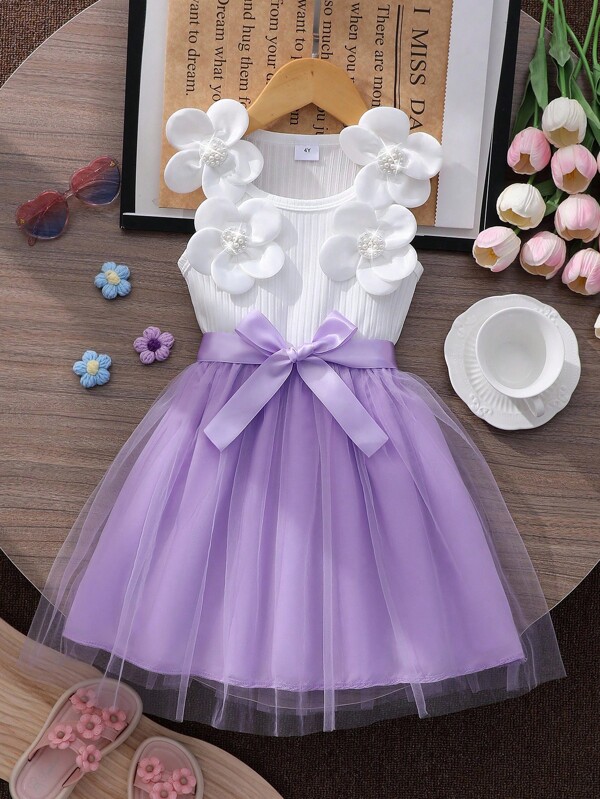 Vestido casual de verano para niñas con cuello redondo, sin mangas y malla con flores 3D