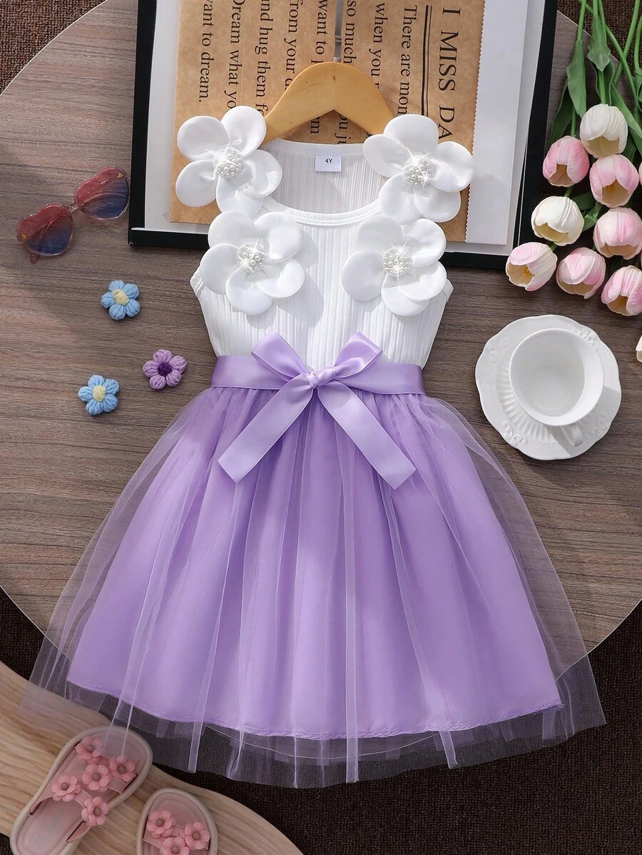 Elladie kids 女童3D花卉网眼无袖圆领休闲夏装