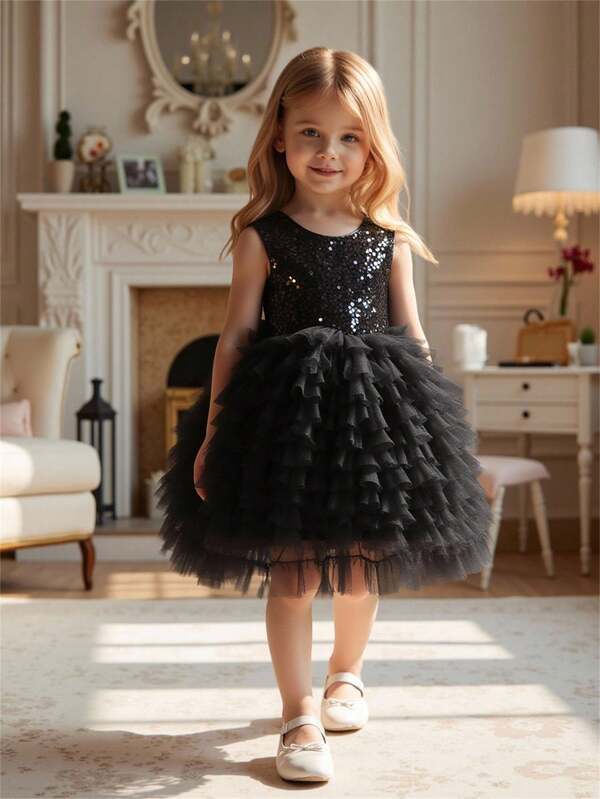 Girls' Layered Cake Skirt With Sequins Bowknot Decor, Suitable For Parties, Birthdays, Festivals, Performances, Weddings And Other Formal Occasions Fall Winter  Princess  Halloween/Christmas Party Dresses For  Vacation  Autumn And Winter
