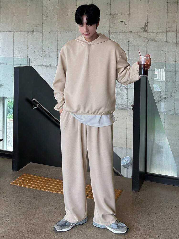 Men's Solid Color Khaki Hoodie Set, Autumn