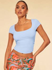 SHEIN BAE Women's Solid Color Cropped T-Shirt With Pleats, Slim Fit - Baby Blue - View 5