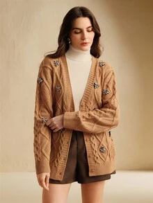 Anewsta 女士时尚蜜蜂水钻装饰长袖针织开衫，秋冬款 - 卡其色 - 查看 6