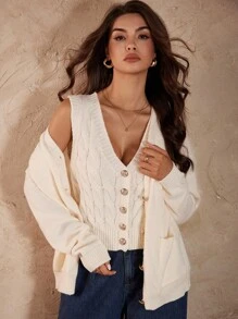 Rafferiza French Elegant Gold Button V-Neck Long Sleeve Cardigan And Vest Set,Cream White 2 Pieces Knit Sweater Jacket For Women,Autumn Casual Brunch Outfits - Apricot - View 4