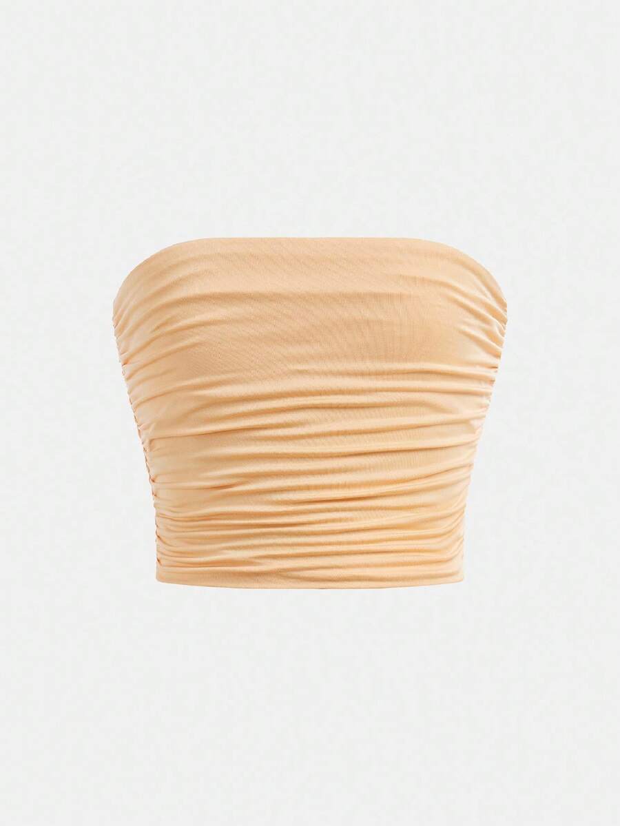Tween Girl Minimalist Comfortable Ruched Elastic Fitted Camisole Fall Winter - Apricot - View 1