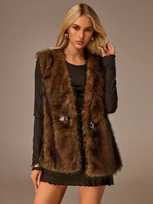 Avantive 女式纯色腰带扣设计仿皮草背心夹克 - 棕色 - 查看 3