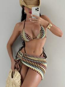 Swim SXY Bộ 3 món đồ bơi bikini gợi cảm vải jacquard mùa hè cho nữ - Nhiều màu - Xem 1