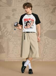 Astro Boy X SHEIN Men's Casual Cartoon Pattern Contrast Color Raglan Sleeve T-Shirt, Summer - White - View 5