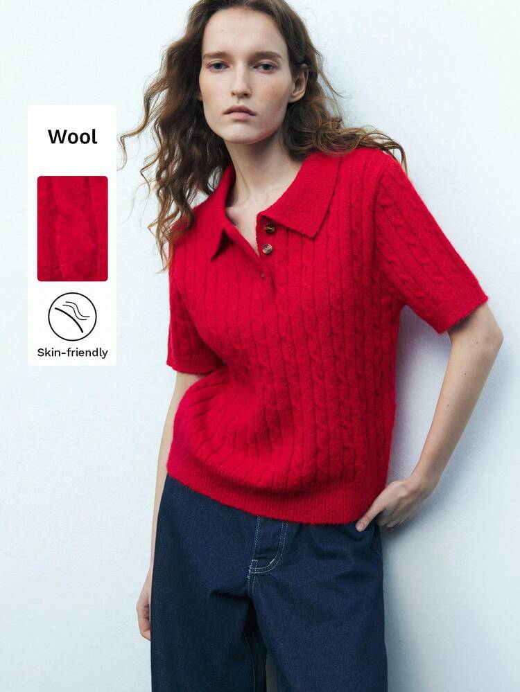 SHEIN Maija Women's Spring Romantic Holiday Fashion Simple Versatile Turndown Collar Red Sweater